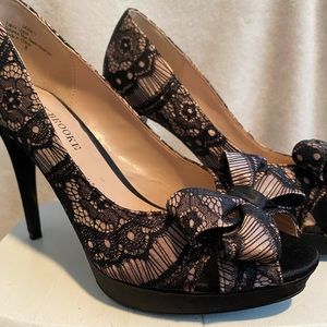 Nude with black lace high heels